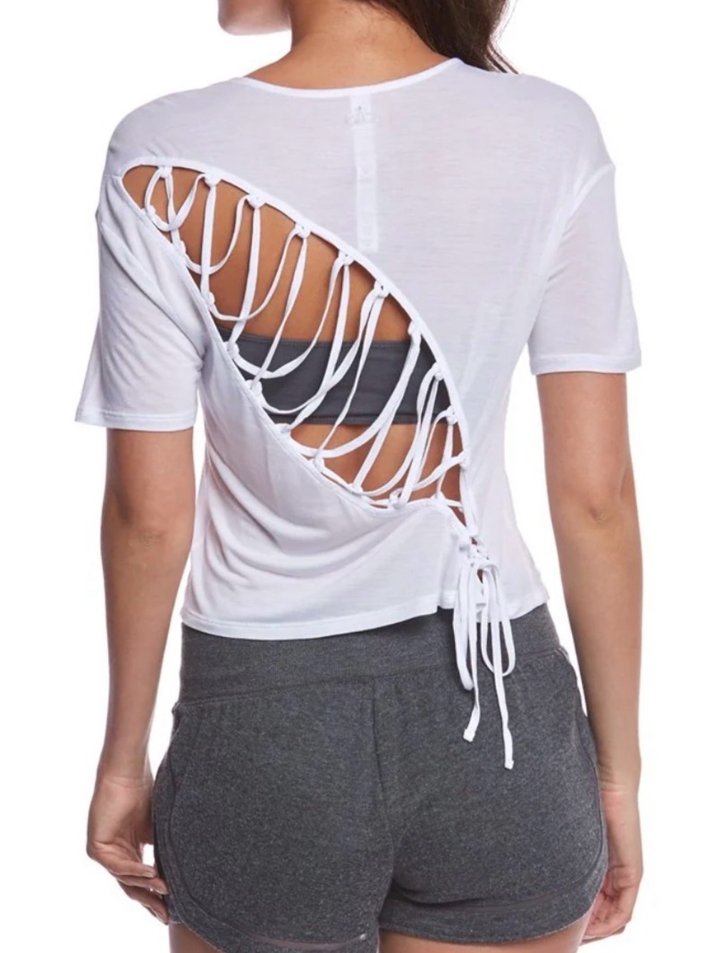 ALO Yoga Entwine White Short-Sleeve Open-Back Lace-Up Crop Top
